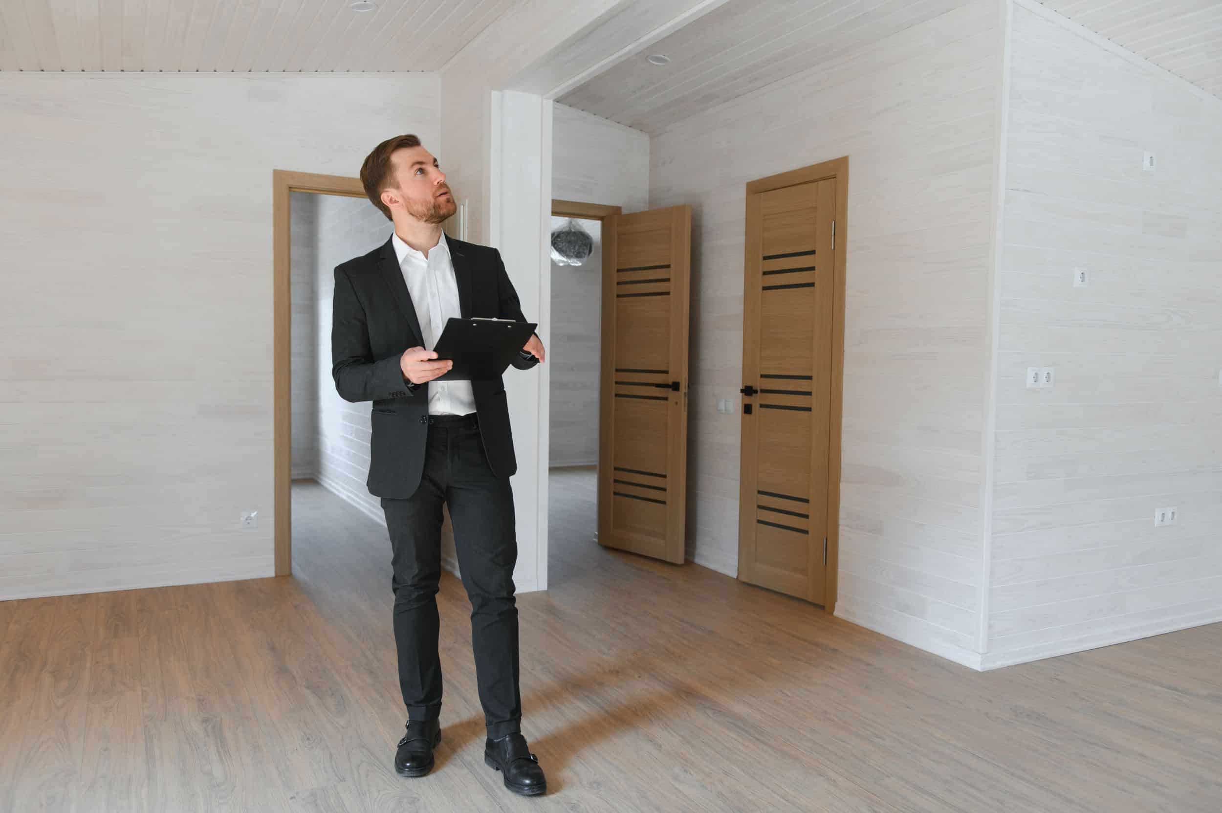 A man in a suit holding a clipboard looks upward while inspecting a bright, empty room with light wood floors and paneled walls.