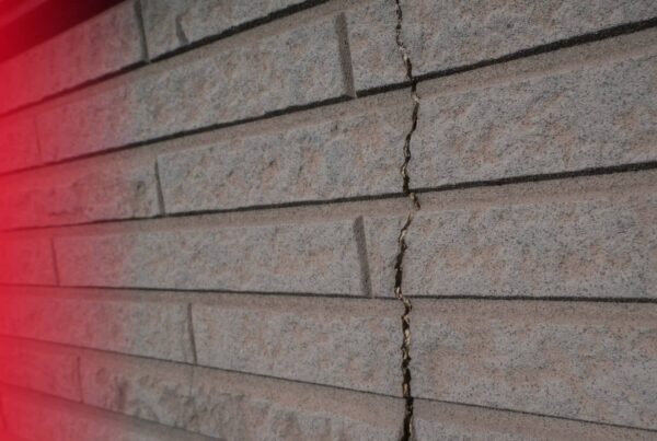 Close-up of textured grey cement siding shingles featuring a prominent vertical crack running through several panels.