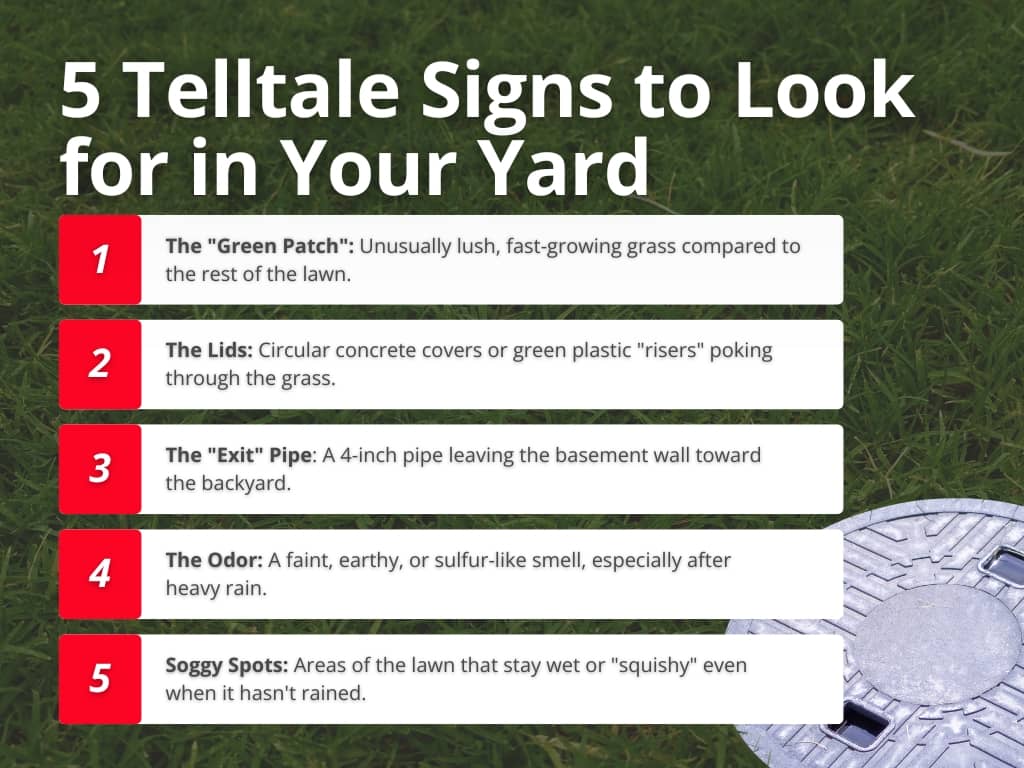 An infographic titled "5 Telltale Signs to Look for in Your Yard" listing common indicators of a septic system, including lush grass patches, tank lids, exit pipes, odors, and soggy lawn areas.