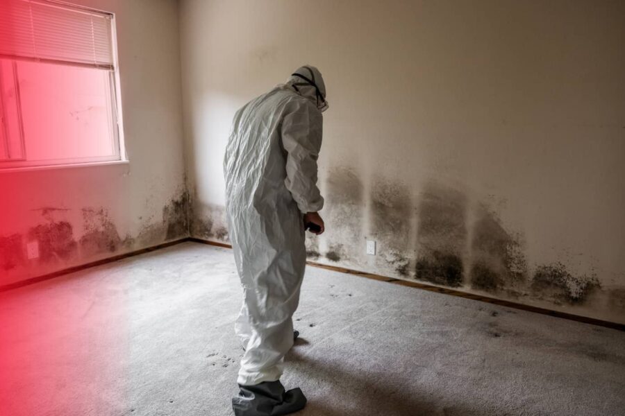 A professional wearing a full white protective hazmat suit inspects an empty room with extensive black mold growth along the bottom of the walls.