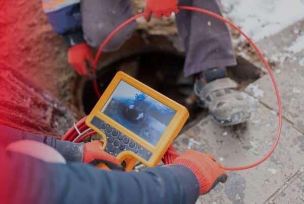 Technician monitoring a sewer scope camera feed at a manhole access point