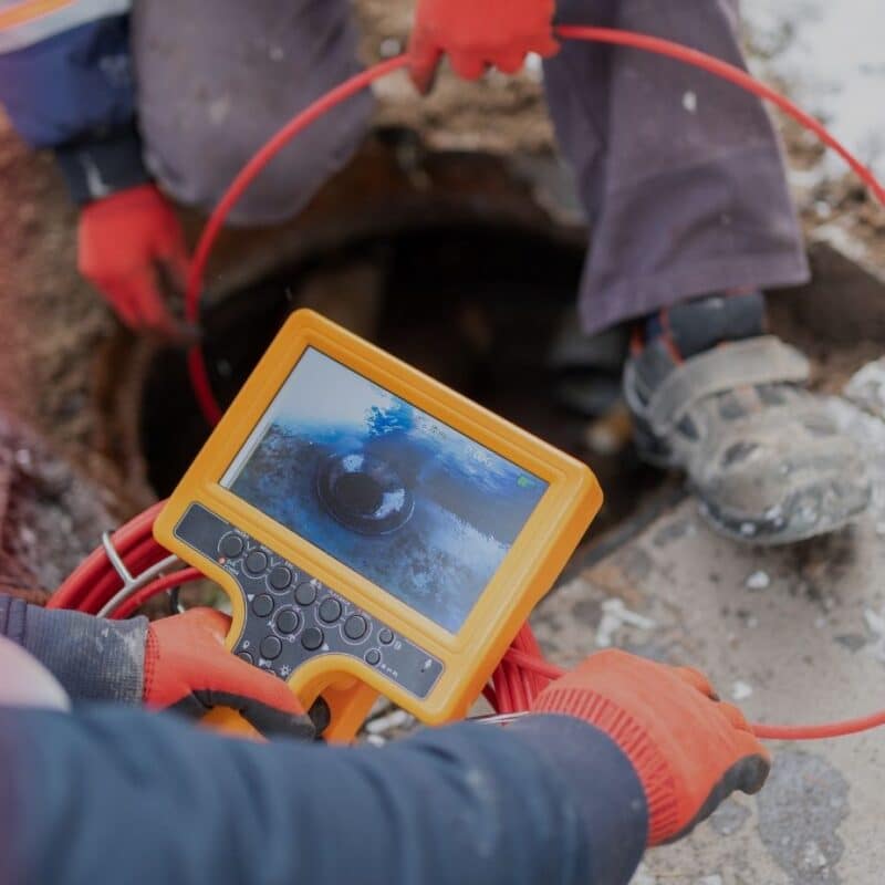 Technician monitoring a sewer scope camera feed at a manhole access point